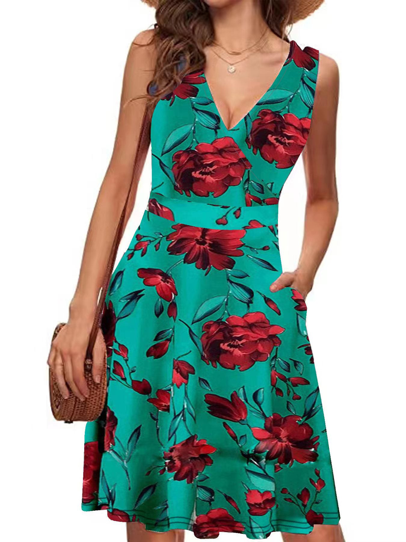 V-neck Sleeveless  Dress Women.