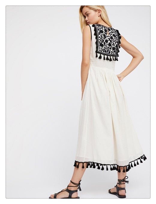 Elegant Embroidered Long Cotton Dress – European &amp; American Style