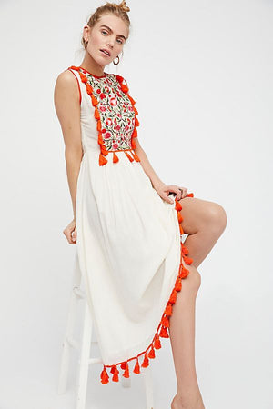 Elegant Embroidered Long Cotton Dress – European &amp; American Style