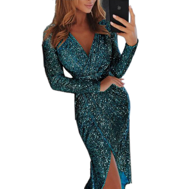 Elegant Sequin Evening Dress – V-Neck, Long Sleeve, High Waist Design