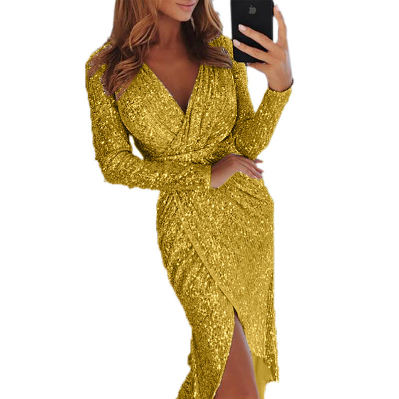 Elegant Sequin Evening Dress – V-Neck, Long Sleeve, High Waist Design