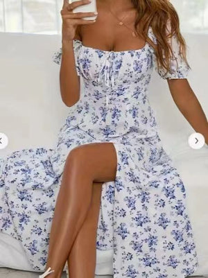 Floral Print Short Sleeve Split Dress .