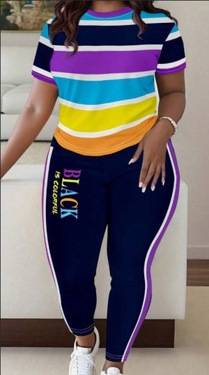 Women Fashionable Colorful Stripe Print T-Shirt And Pants.