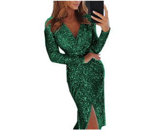 Elegant Sequin Evening Dress – V-Neck, Long Sleeve, High Waist Design