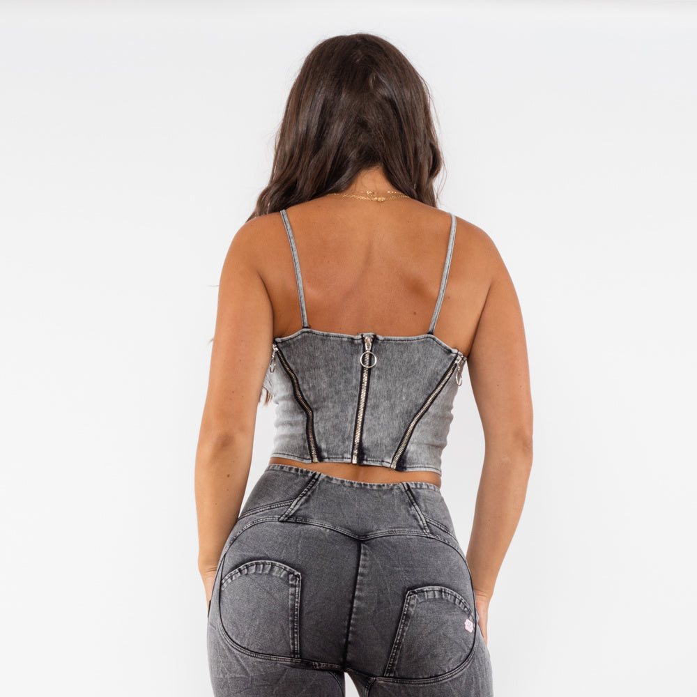 Original Grey Denim Camisole Zip Cropped Tank Top Clubwear