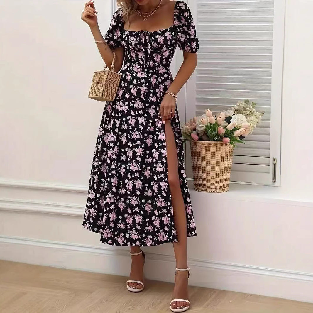 Floral Print Short Sleeve Split Dress .