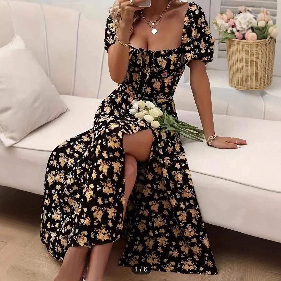 Floral Print Short Sleeve Split Dress .
