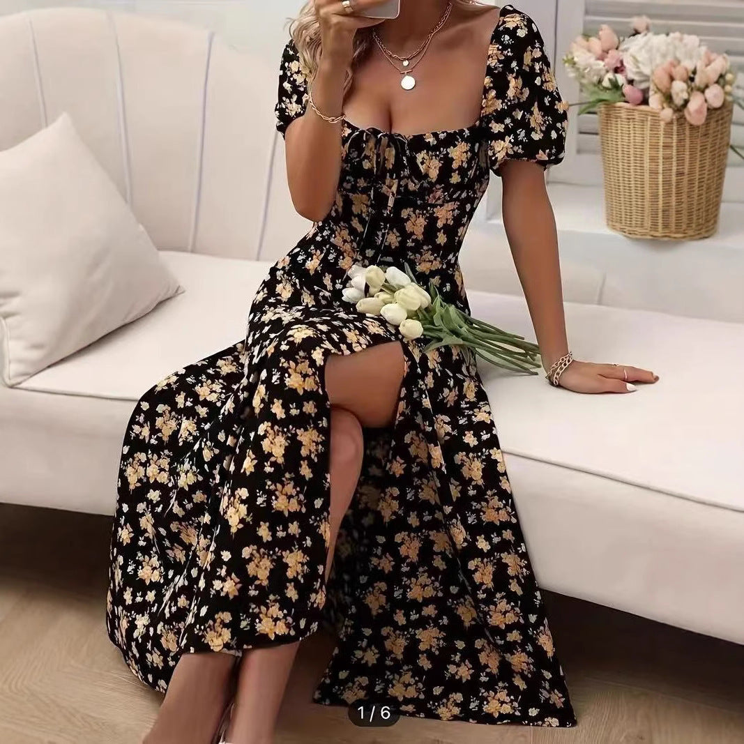 Floral Print Short Sleeve Split Dress .