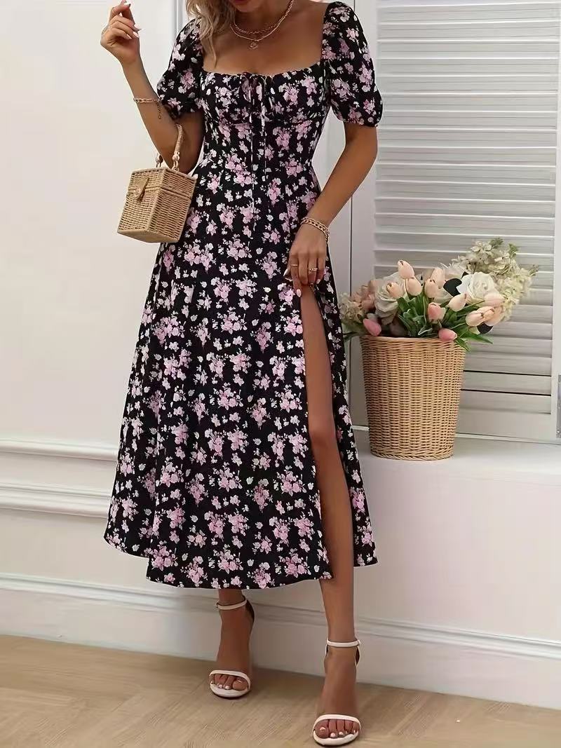 Floral Print Short Sleeve Split Dress .