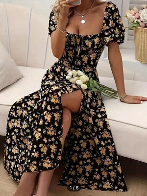 Floral Print Short Sleeve Split Dress .